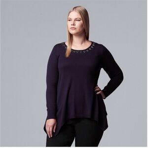 NWT Simply Vera Vera Wang purple embellished collar handkerchief hem sweater 1X